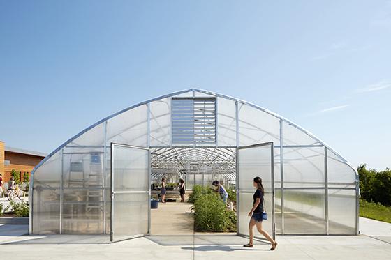 Photo of a Chatham University student walking past a greenhouse on Eden Hall Farm